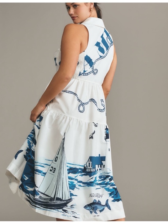 NWT Anthropologie Maeve Sleeveless Nautical Lighthouse Fish Midi Shirt Dress, XL - Picture 5 of 17